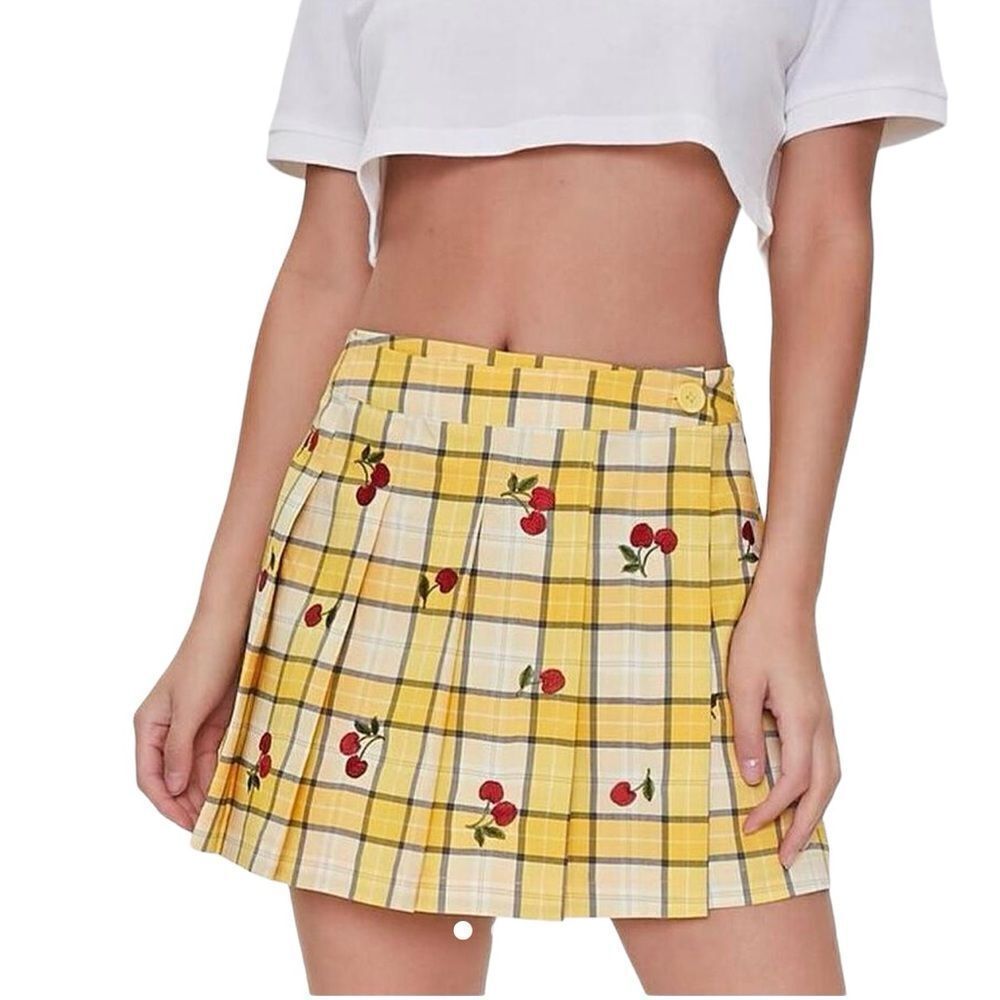 Forever 21 Yellow Plaid Cherry Skort‎ -- L